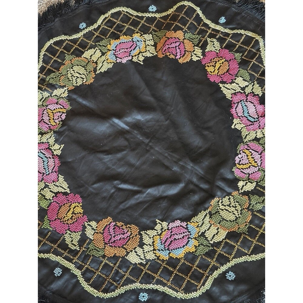 Vtg. Black Satin Multicolor Embroidered Flowers Fringe Tablecloth Round 35” Boho - Picture 13 of 14